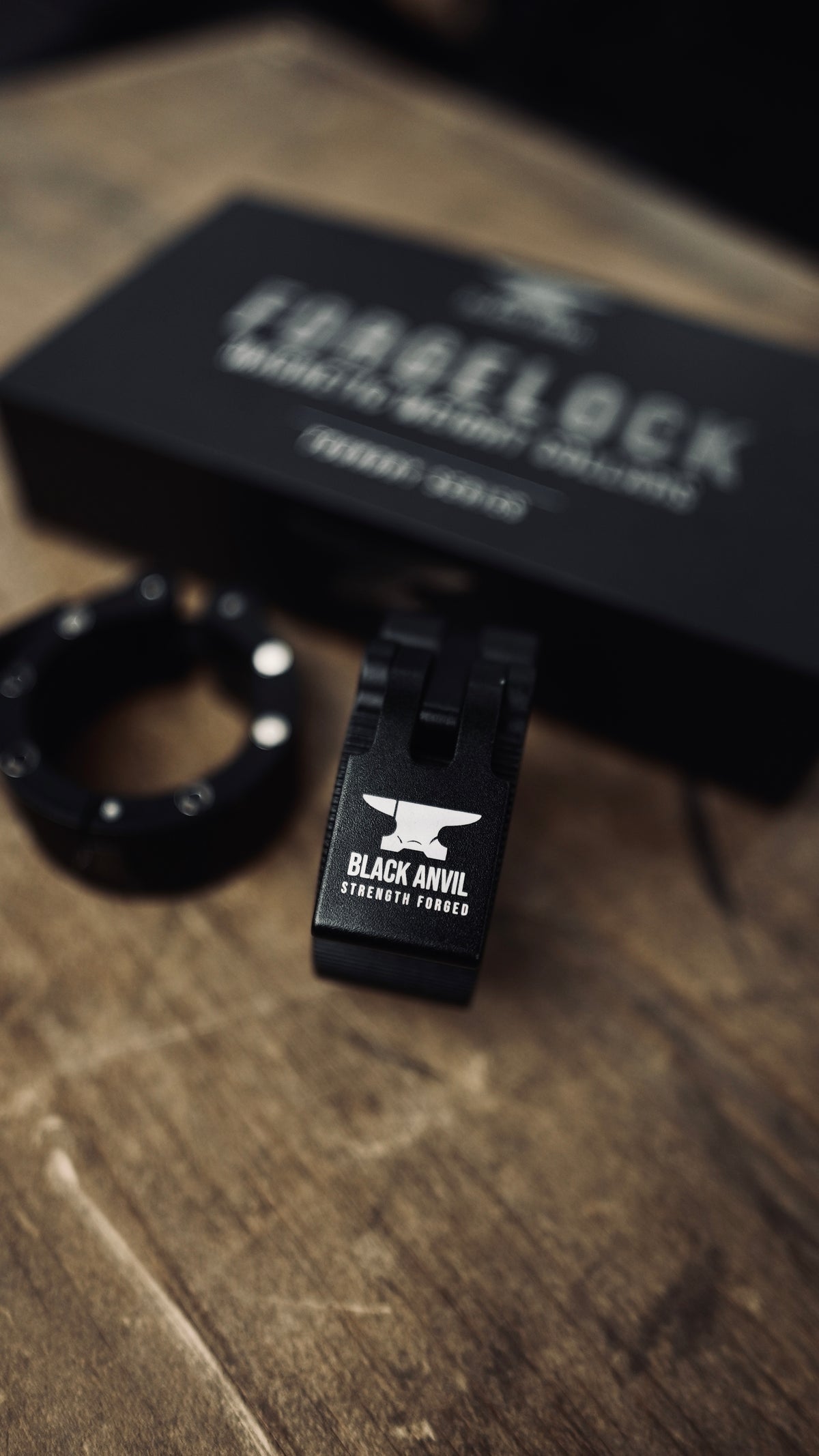 Black Anvil ForgeLock collar lever logo detail